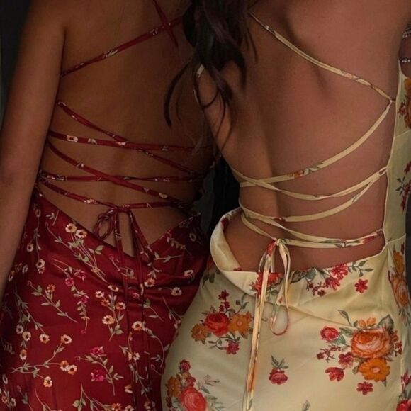 Danielle Bernstein Tie Back Roses And Daises Midi Silky Dress M Redwood Multi - Picture 3 of 16